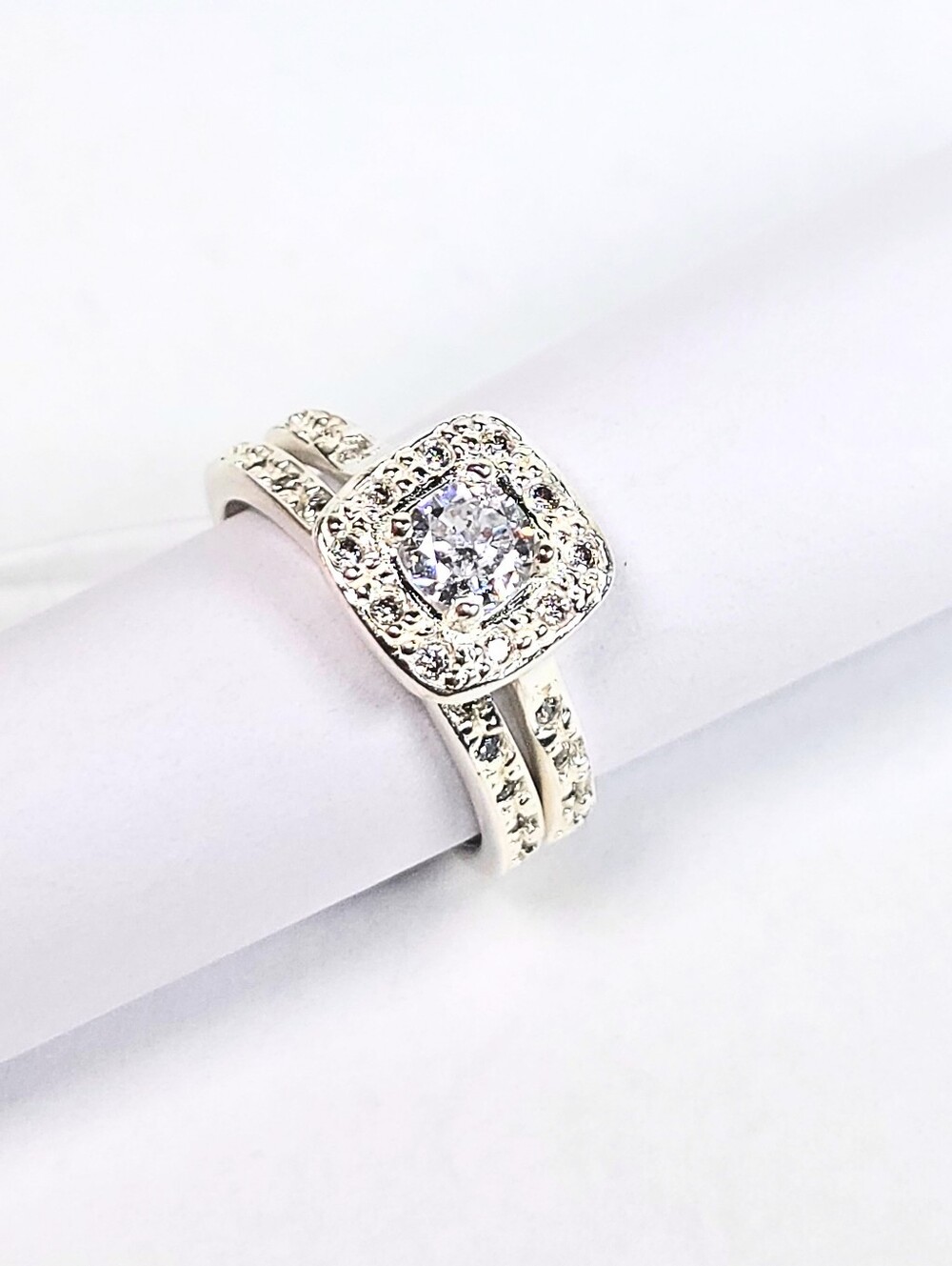 925 Sterling Silver 2Pc Wedding Ring Set CZ Halo Engagement Bridal Band Size #7